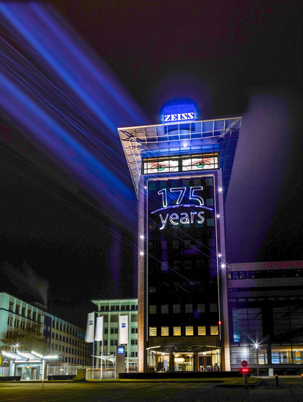 The illuminated tower at ZEISS' HQ in Oberkochen, Germany, during the anniversary week