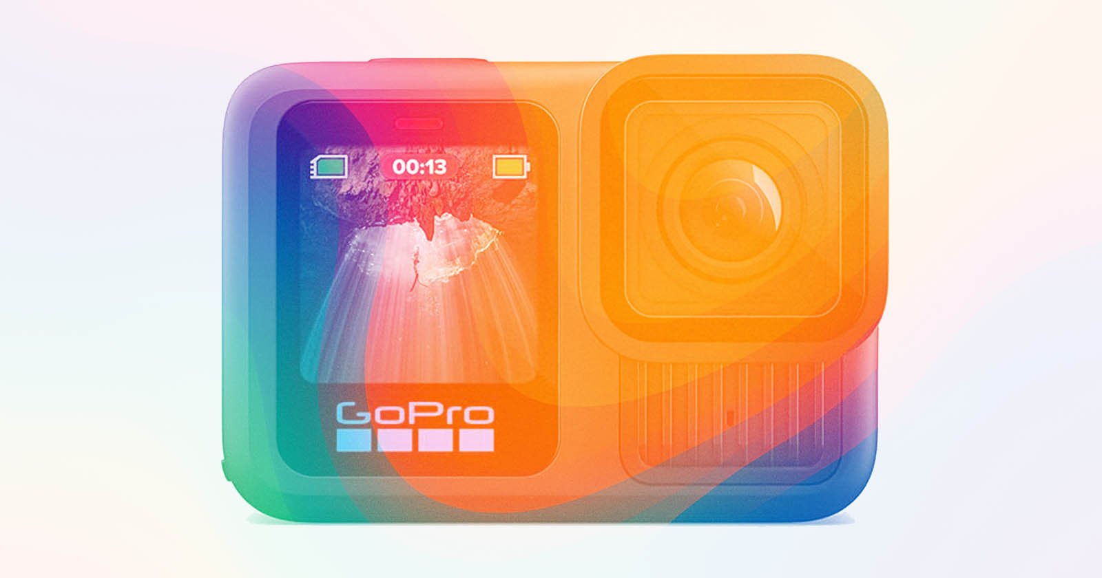 A GoPro action camera with a vibrant, translucent rainbow gradient overlay, showing its front display screen with a landscape image and the GoPro logo beneath.