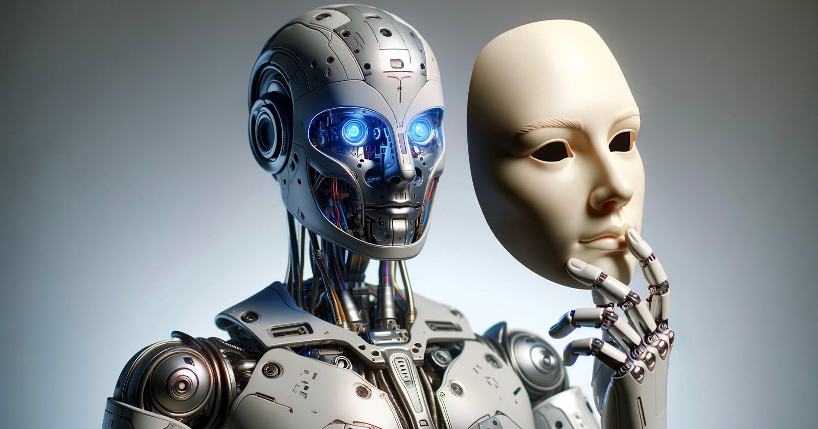 Robot holds up a human mask to its face