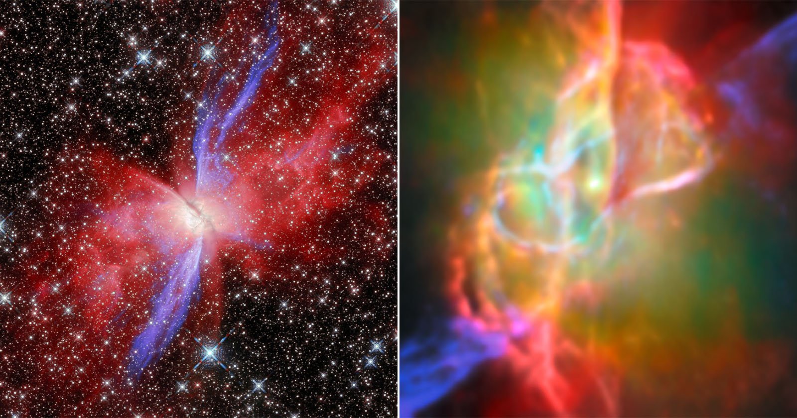 Side-by-side images of the starburst galaxy NGC 6240. The left shows sharp red and blue nebulae among stars; the right displays a colorful, blurred cloud-like structure in green, red, and blue tones.