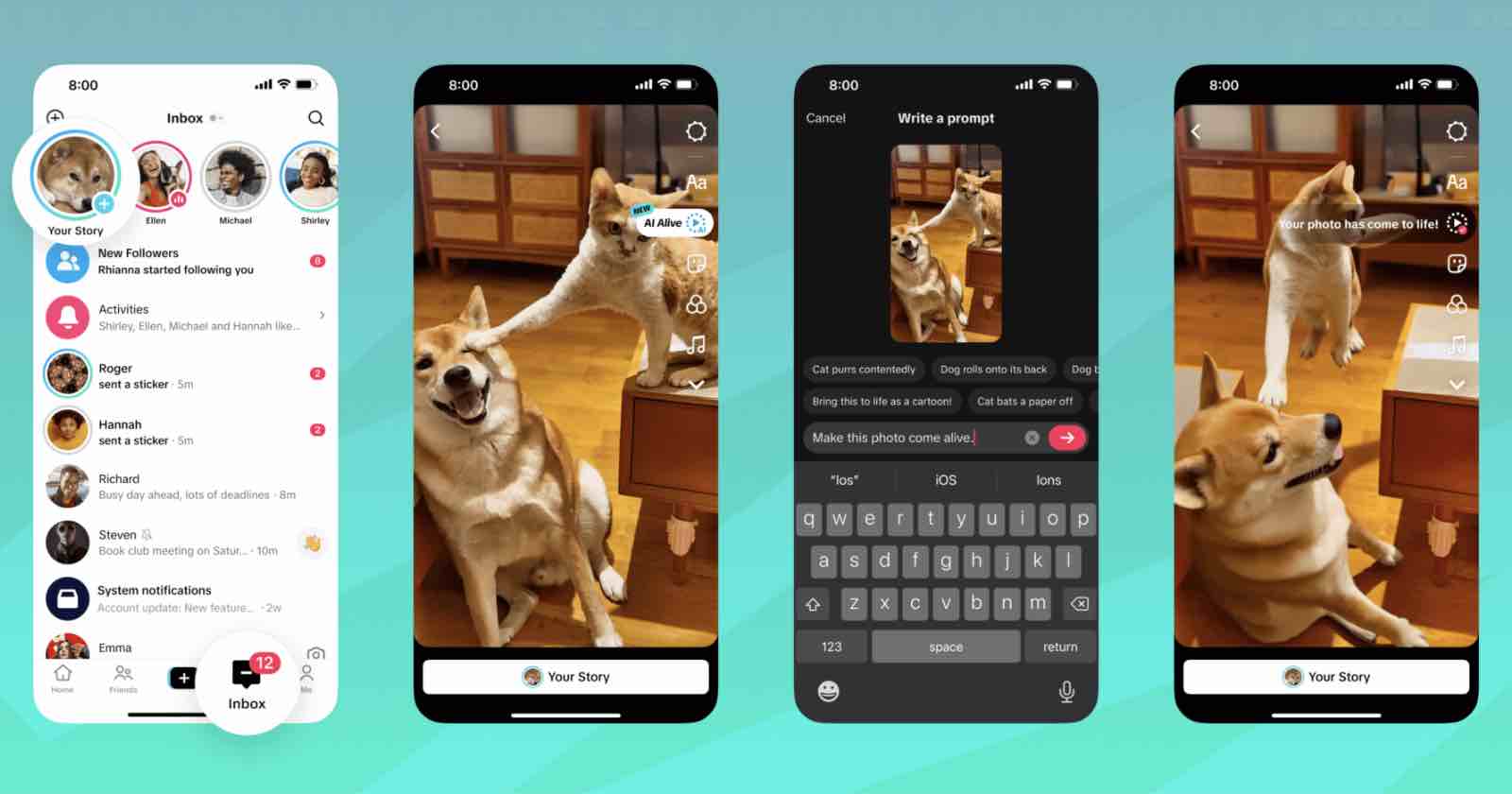 Four smartphone screens show a social media app: the first displays an inbox, the next three show meme-style dog photos with text, prompt editing, and sharing options.