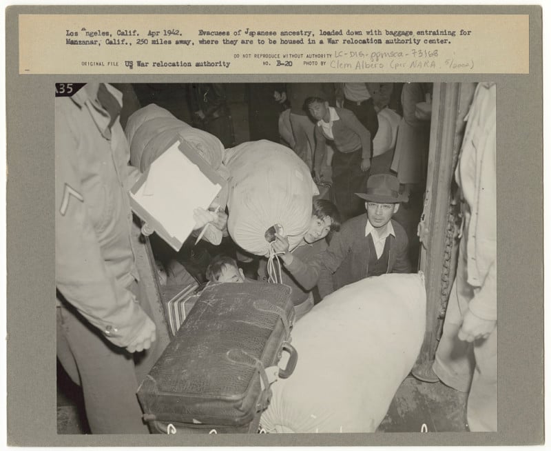 Photos of Japanese Americans being forcibly moved to concentration camps