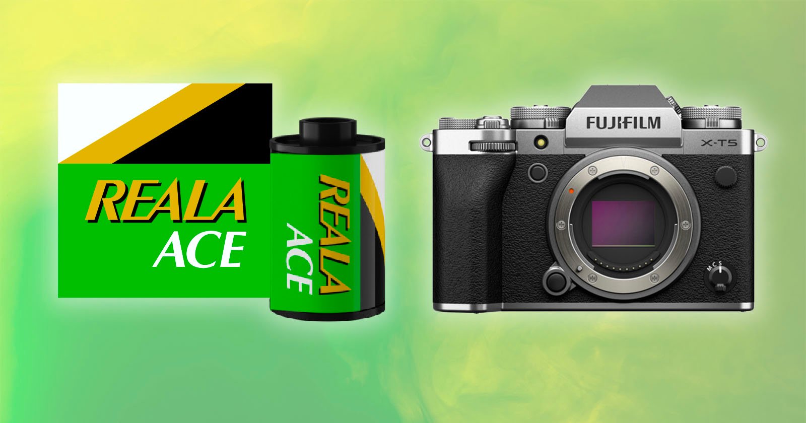 A modern Fujifilm X-T5 mirrorless camera is displayed next to a roll of Reala Ace film. The film's packaging features a green, black, yellow, and white design with REALA ACE text. The background has a soft gradient of green and yellow hues.