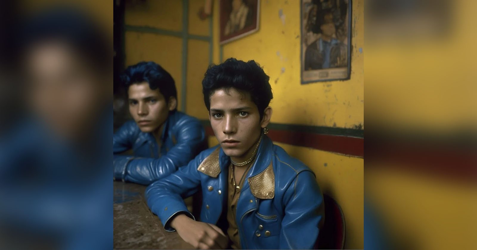 Two young men with serious expressions sit at a table, wearing blue leather jackets with golden collars. The background includes yellow walls and framed pictures, creating a warm and nostalgic atmosphere.