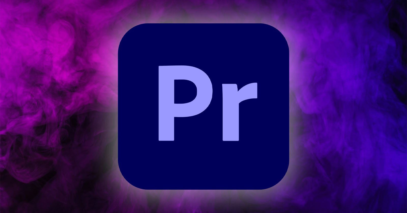 A dark blue square with rounded corners features the letters Pr in light blue. The square is set against a vibrant background of pink and purple smoke.