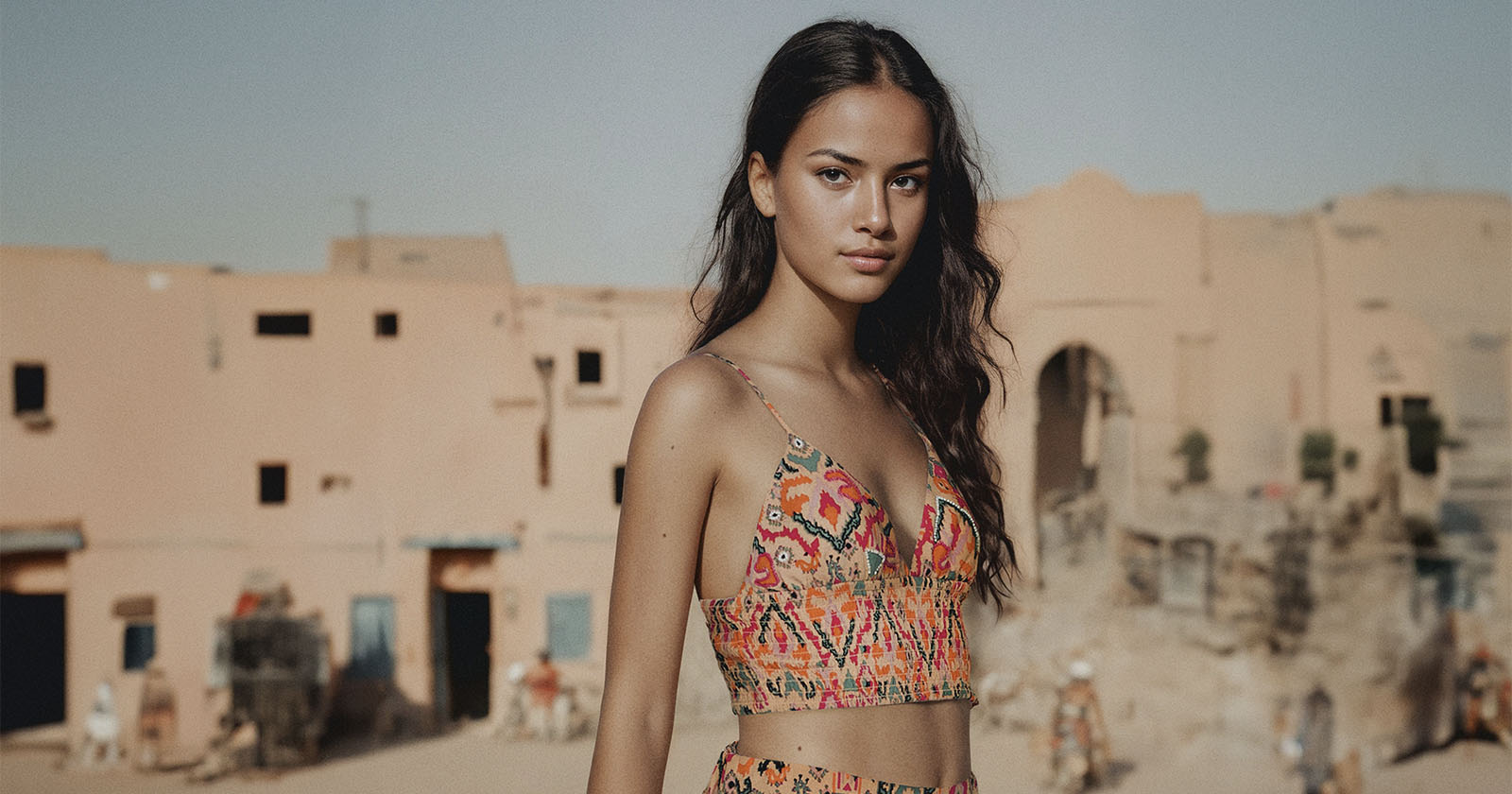 Young woman standing outdoors in front of desert buildings. She has long dark hair and is wearing a summer outfit consisting of a colorful, patterned crop top and matching skirt. The background shows adobe-style buildings and a clear, blue sky.