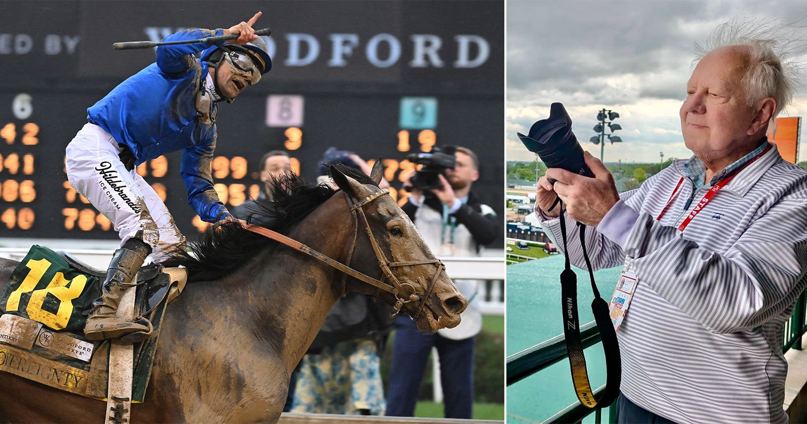 Split image: Left shows a jockey celebrating on a racehorse after crossing the finish line. Right shows an older man holding a camera, standing by a window overlooking a racetrack on a cloudy day.