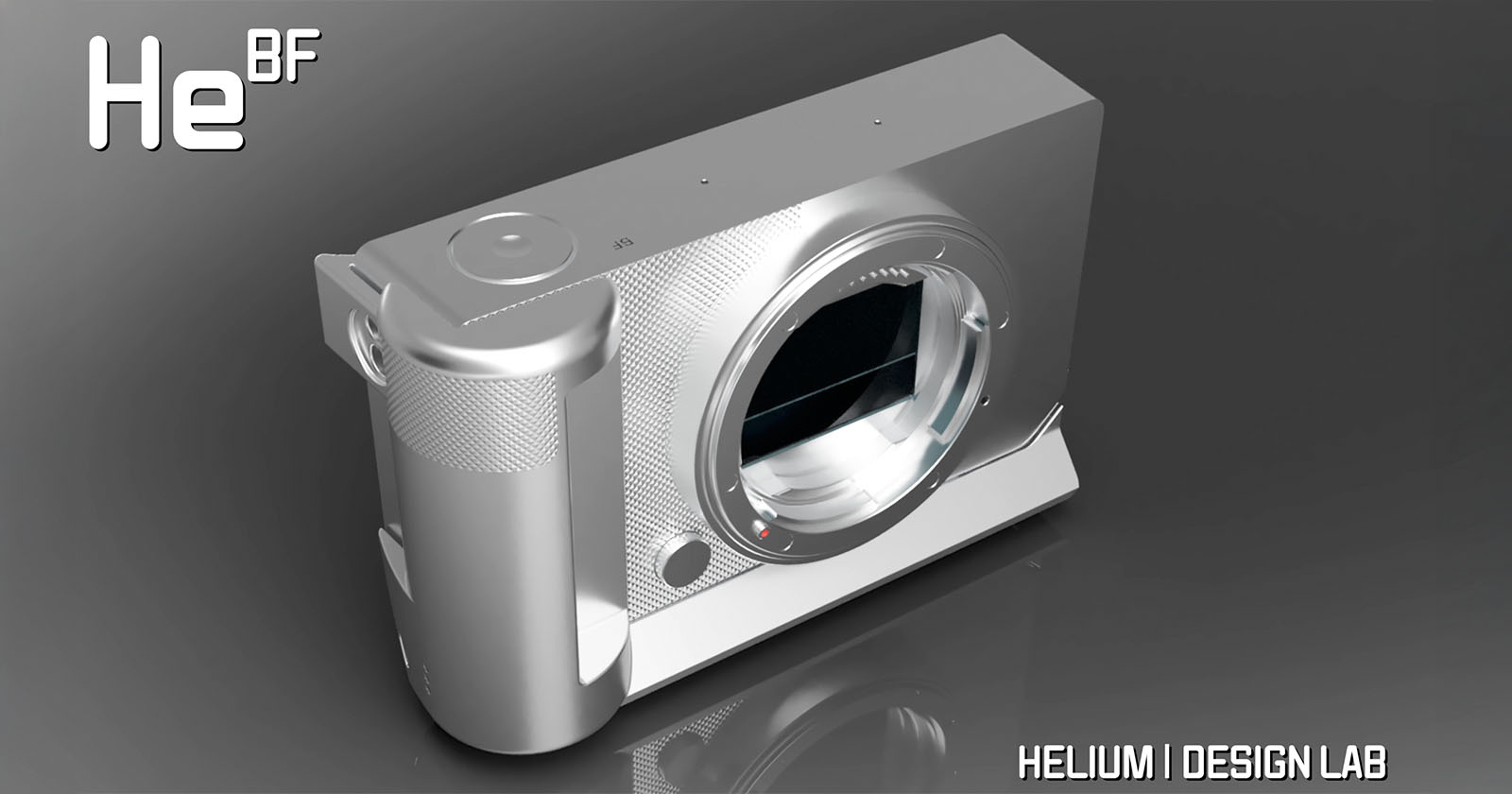 A sleek, silver camera with a modern design rests on a reflective surface. The lens is prominent, and branding for He BF is visible in the top left. Text at the bottom right reads Helium Design Lab.