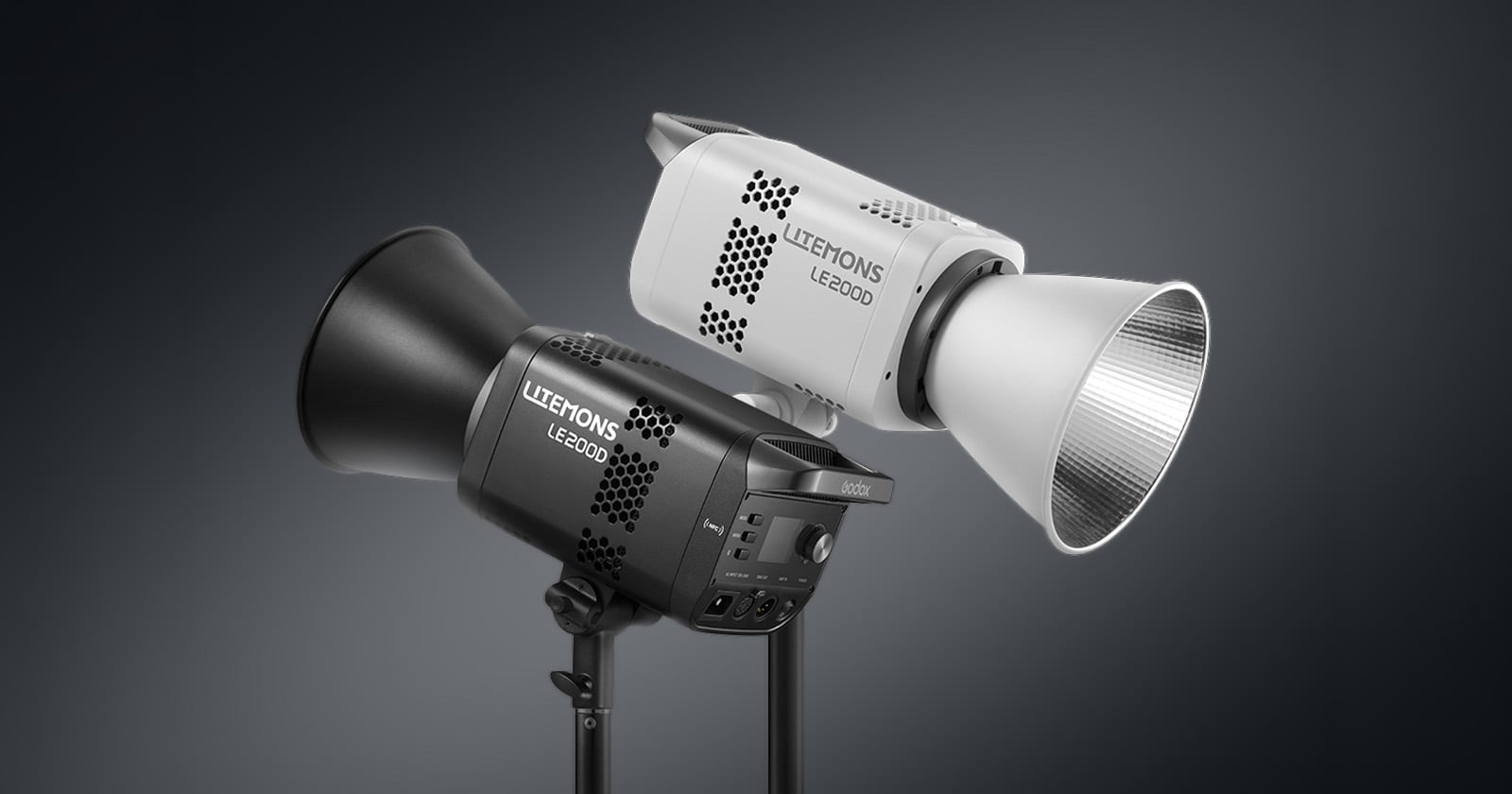Two professional studio lights, one black and one white, with the brand name Litetons LE200D displayed on each. The lights have large reflectors and are set against a dark gradient background.