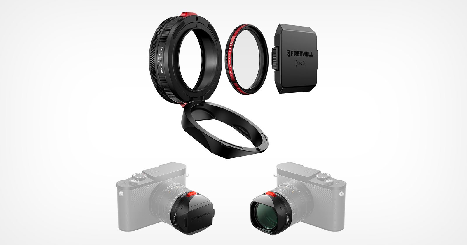 A camera lens filter adapter kit is shown with its parts separated above, including the adapter ring, filter, and carrying case, and illustrations of two cameras below displaying the filter attached.