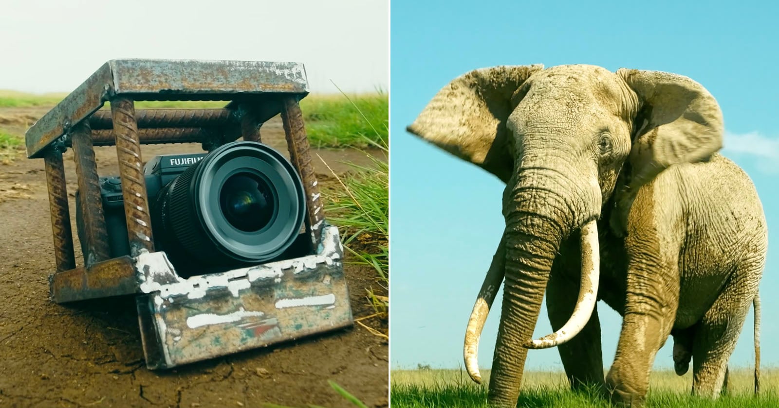A camera in a protective metal cage sits on the ground in tall grass, next to a close-up of an elephant standing on grass under a blue sky.