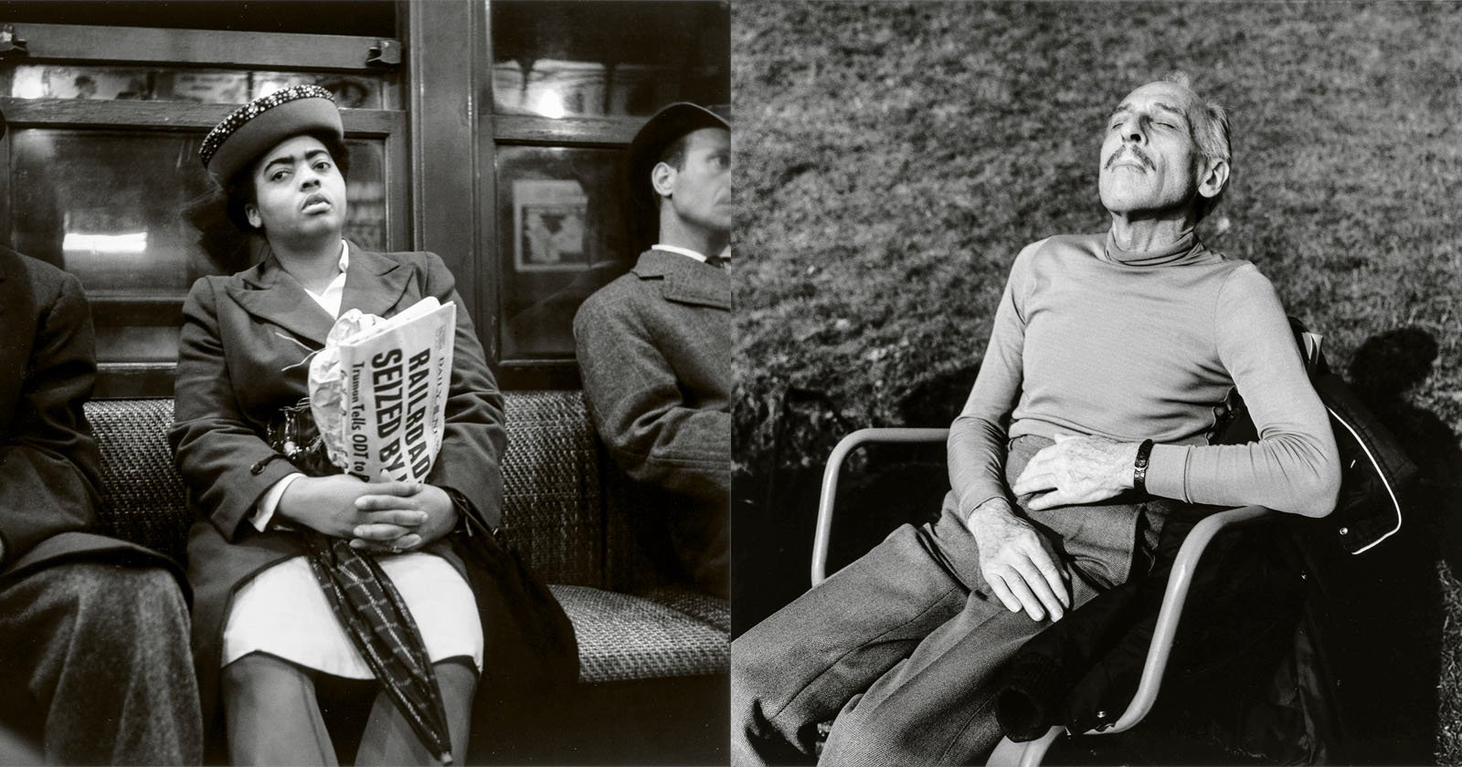 A black-and-white image split into two parts: the left side shows passengers on public transportation, with a woman holding a newspaper featuring the headline Court Order Speedup!; the right side shows an elderly man sitting in a wheelchair outdoors, soaking up the sun.