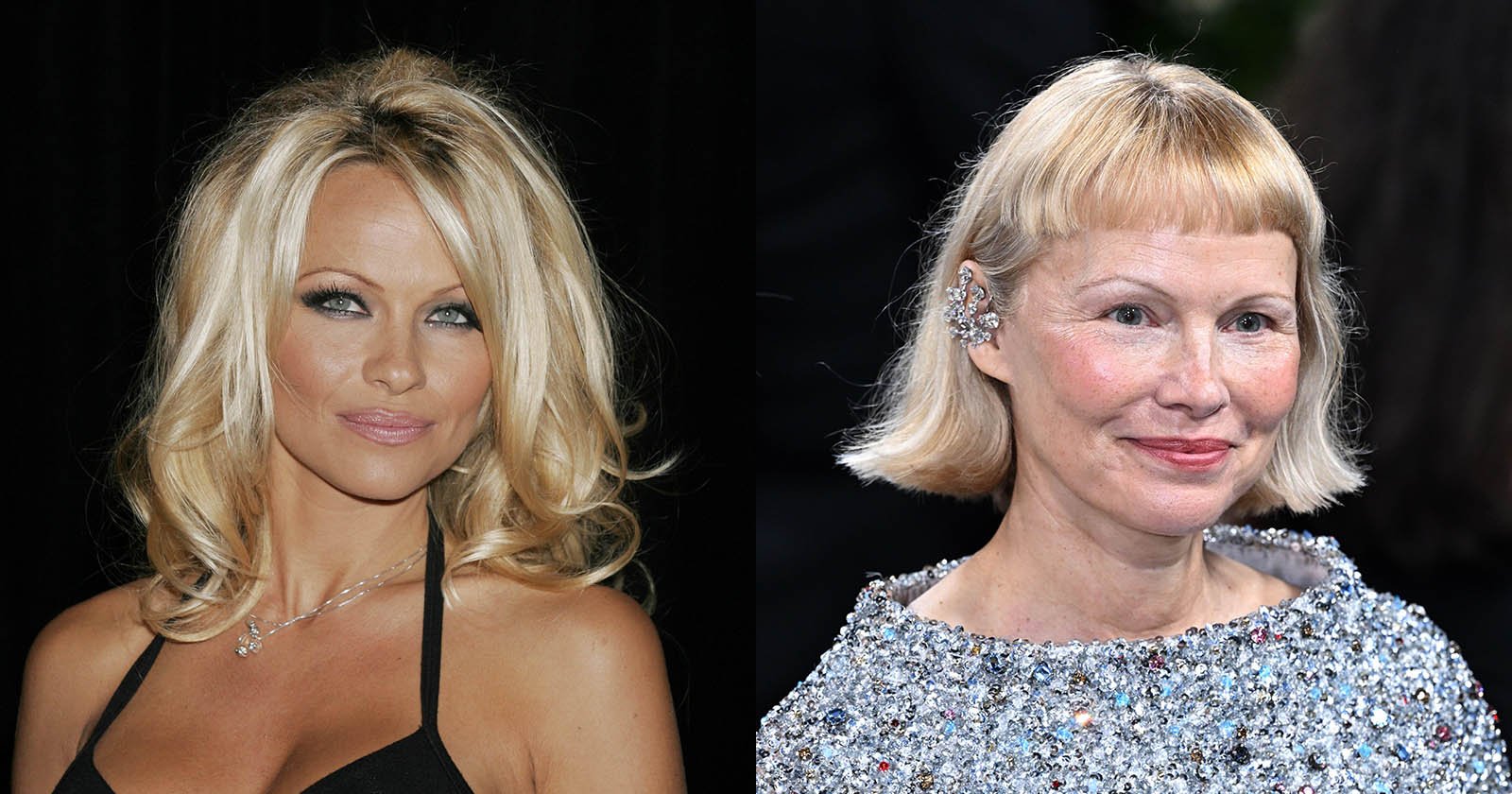 Side-by-side portraits of two women: one with long, blonde, wavy hair and glamorous makeup, and the other with a short, straight blonde bob, natural makeup, and wearing a sparkly top.