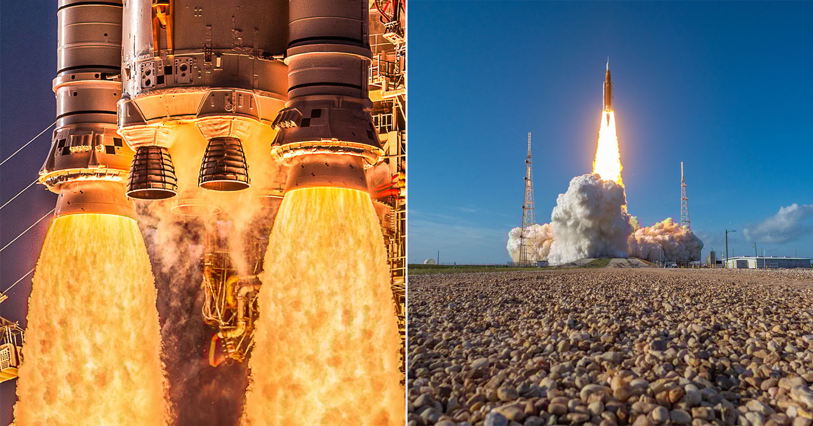 Close-up of rocket engines firing with bright flames and smoke on the left; wide view of a rocket launching, rising above a launch pad with clouds of smoke and blue sky on the right.