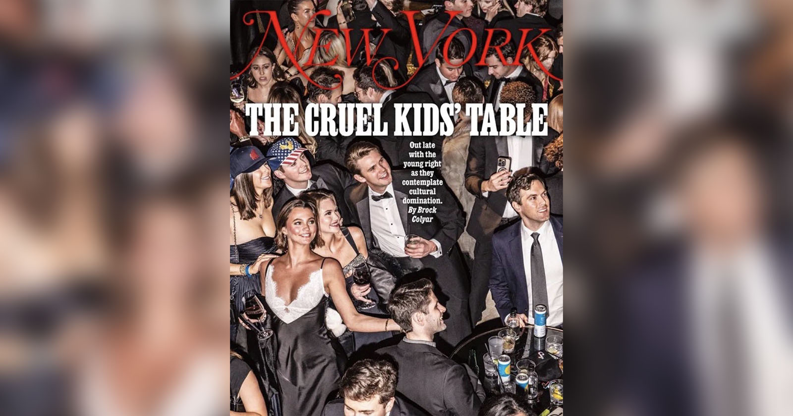 A crowded party scene with elegantly dressed people socializing around tables. The text reads New York and The Cruel Kids' Table. A central woman in a white dress smiles while looking upwards.
