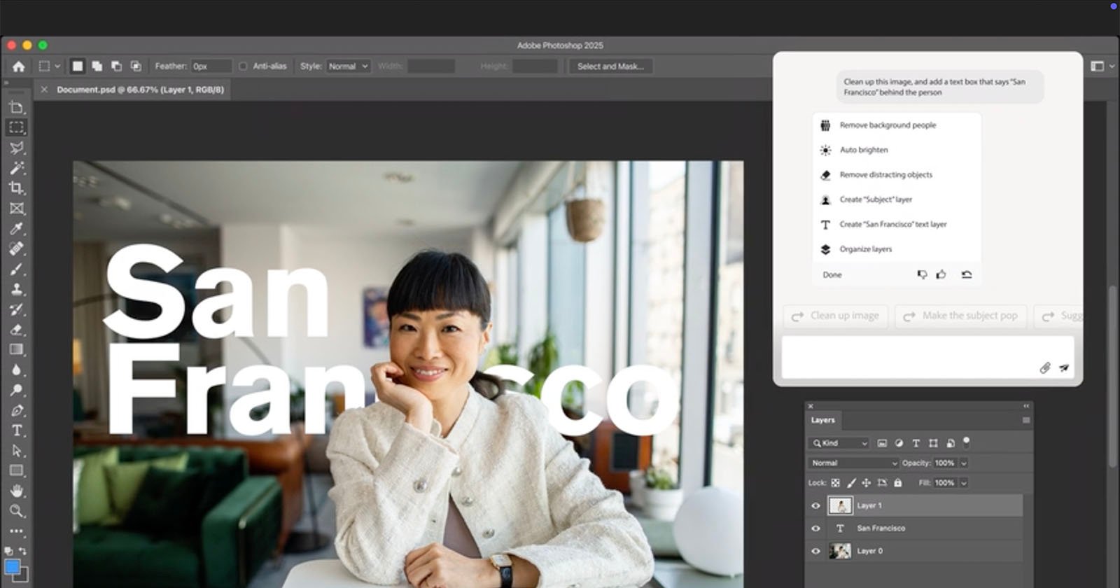 A person smiles while sitting in a modern room, with large white text San Francisco partially visible over the image in Adobe Photoshop. The right sidebar displays editing tools and options.