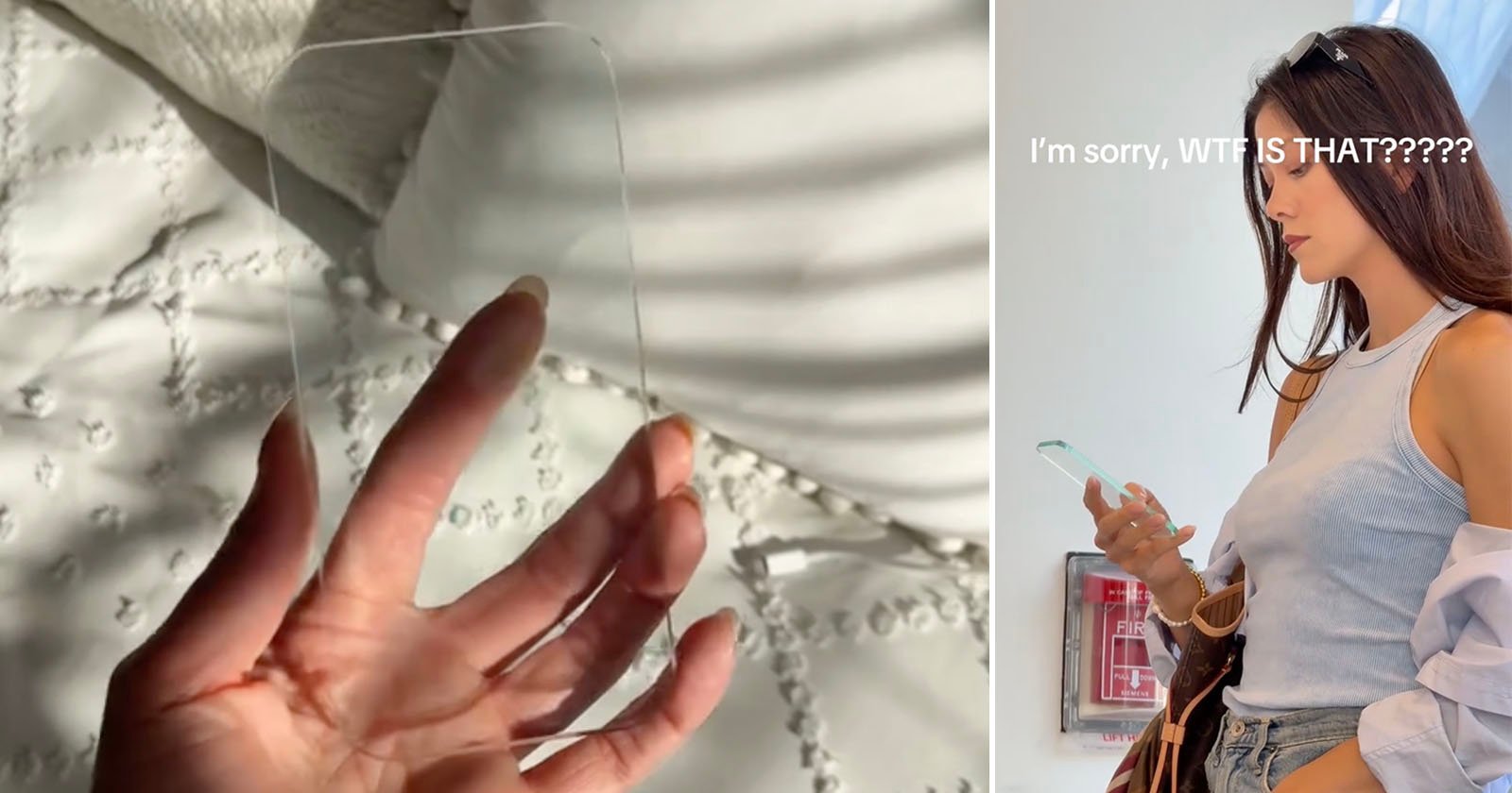 On the left, a hand holds a transparent glass rectangle over a bed. On the right, a woman in sunglasses and a white tank top looks at a similar glass object; the text says, I’m sorry, WTF IS THAT?????.