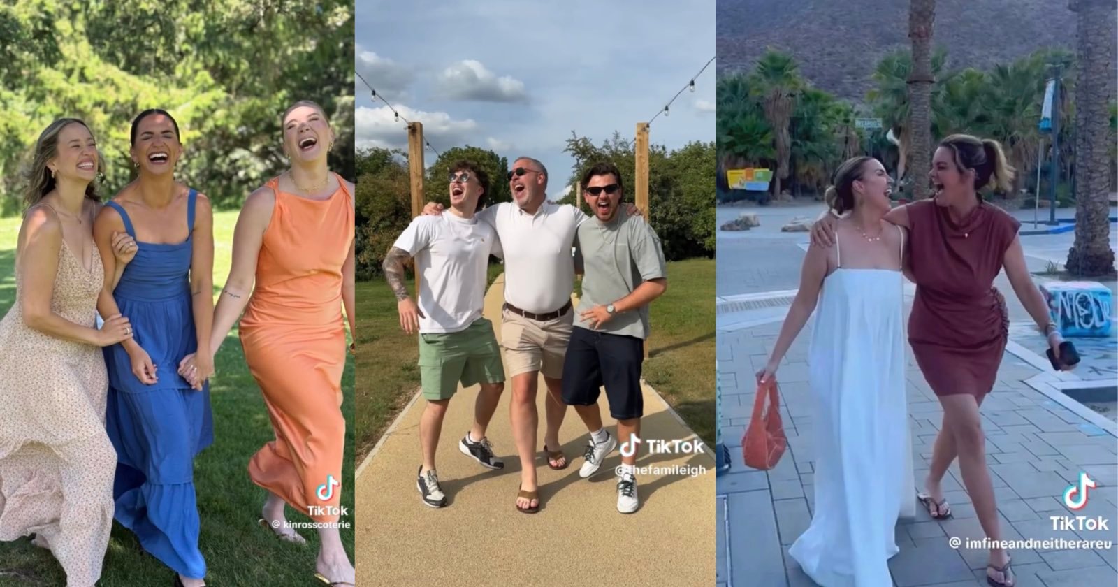 Three side-by-side photos show pairs of people walking arm in arm outdoors, all smiling and laughing; the left two are women in dresses, the center group is men, and the right shows two women in light dresses.