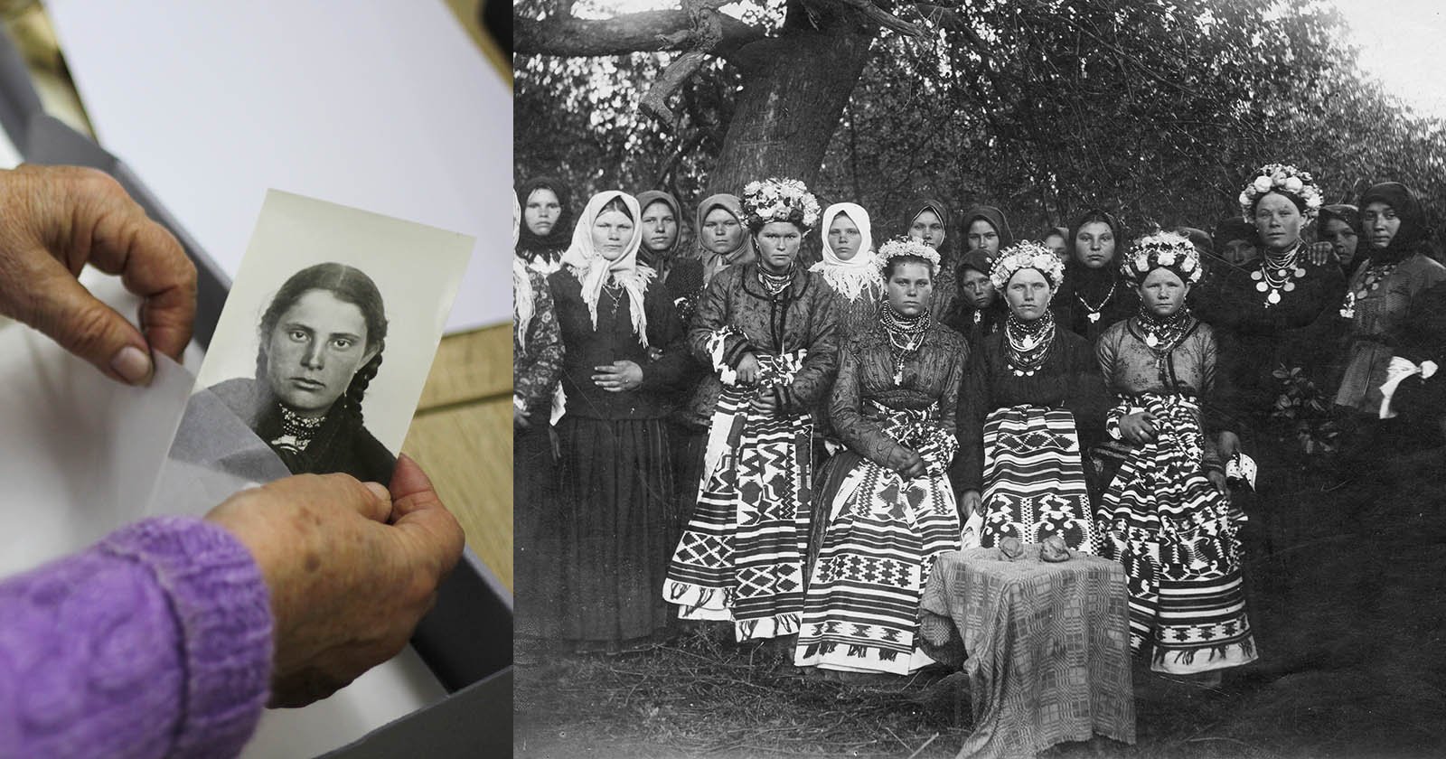A person holds an old black-and-white photo of a woman. Next to it is a vintage group photo of women in traditional clothes, floral headpieces, and jewelry, some sitting and some standing, outdoors near a tree.