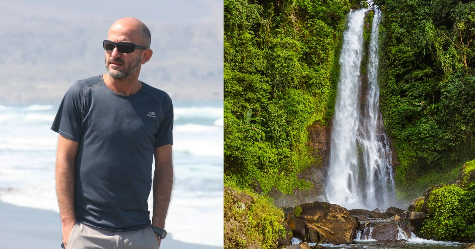 A man wearing sunglasses, a dark t-shirt, and khaki pants stands on a beach with waves in the background. Next to him is a photo of a tall, cascading waterfall surrounded by lush green foliage.