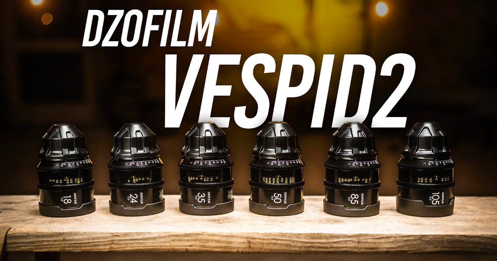Six DZOFILM Vespid 2 camera lenses are lined up on a wooden surface with a blurred background. Large white text reads “DZOFILM VESPID2” above the lenses.