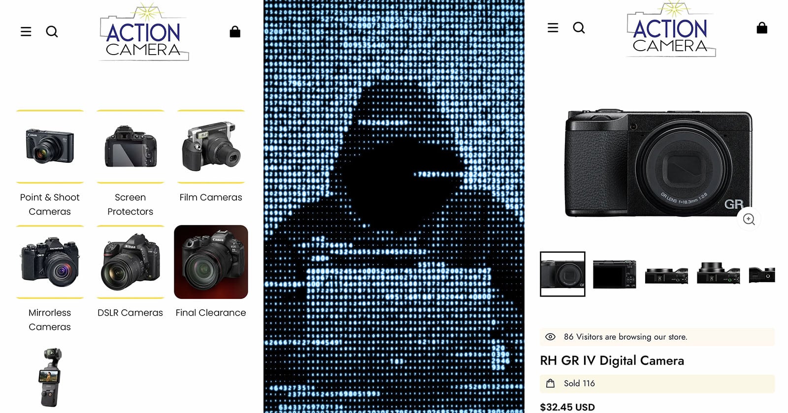 A collage of three screenshots: a camera store’s homepage, a stylized digital image of a person using a camera, and a product page for a digital camera with details and a product photo.
