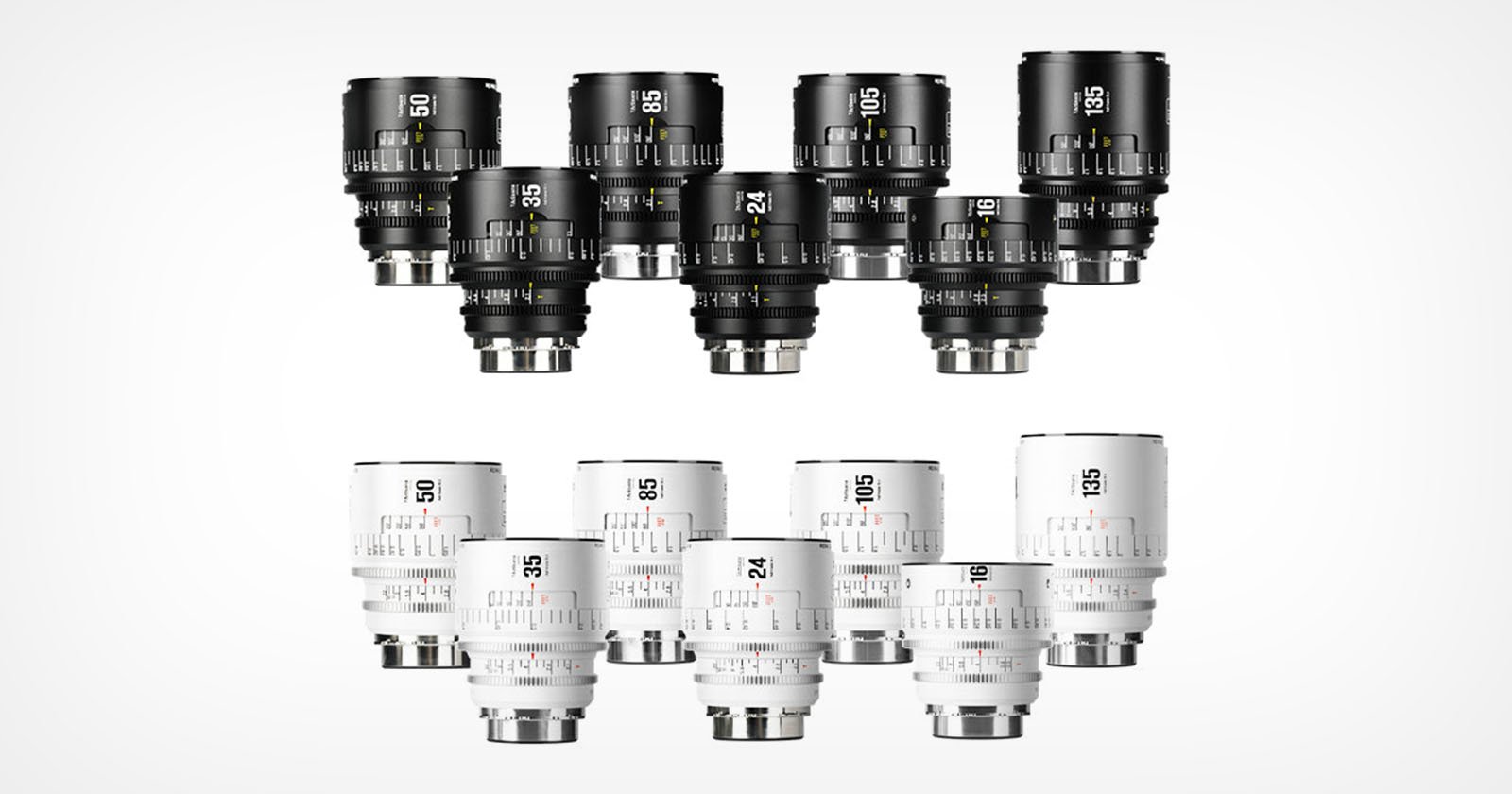 Two sets of six camera lenses, one set black and one set white, are arranged in two rows on a white background. Each lens displays focal length and aperture markings.