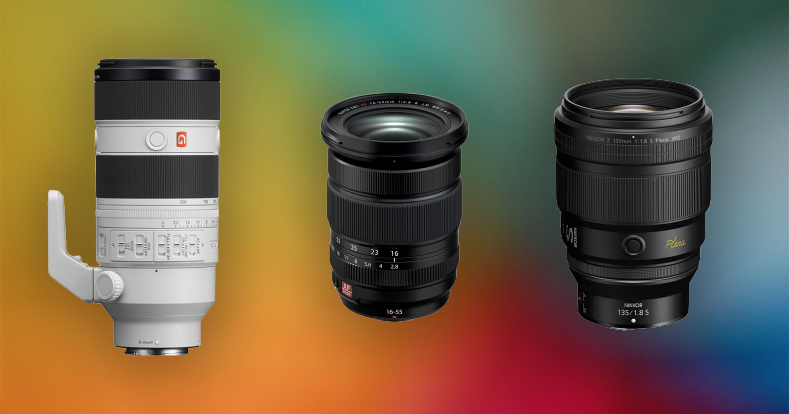 A colorful background showcases three camera lenses: a white telephoto lens with a tripod mount, a wide-angle zoom lens with a red marking, and a black lens labeled 125mm 1.25. The lenses are arranged side by side.