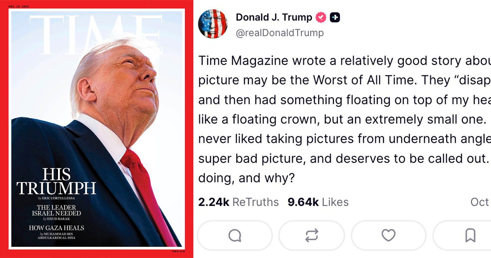 Cover of TIME magazine featuring Donald Trump looking upward with the headline His Triumph. Next to it, a tweet criticizing the magazine cover as unflattering and questioning its intent.