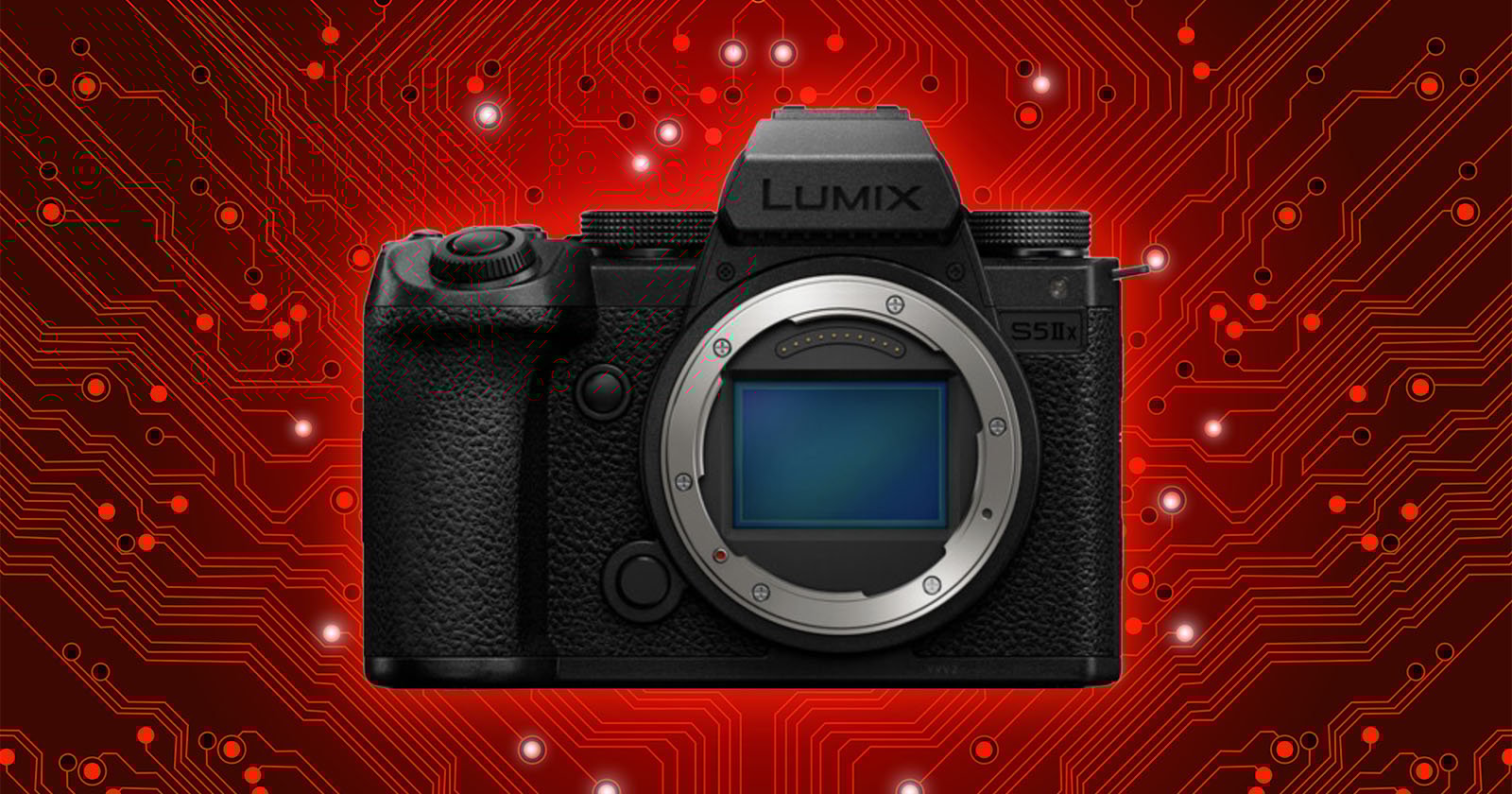 A Lumix digital camera body is centered against a glowing red circuit board background with white lights highlighting various circuit paths.