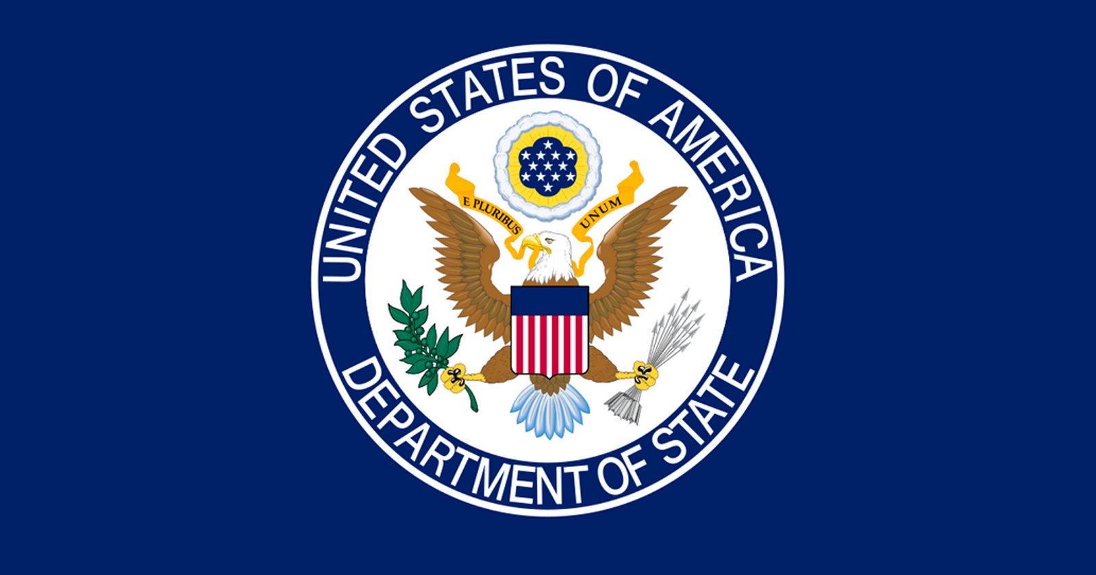 The official flag of the U.S. Department of State featuring the department’s seal: a bald eagle with a shield, holding an olive branch and arrows, surrounded by a blue background and the text United States of America Department of State.