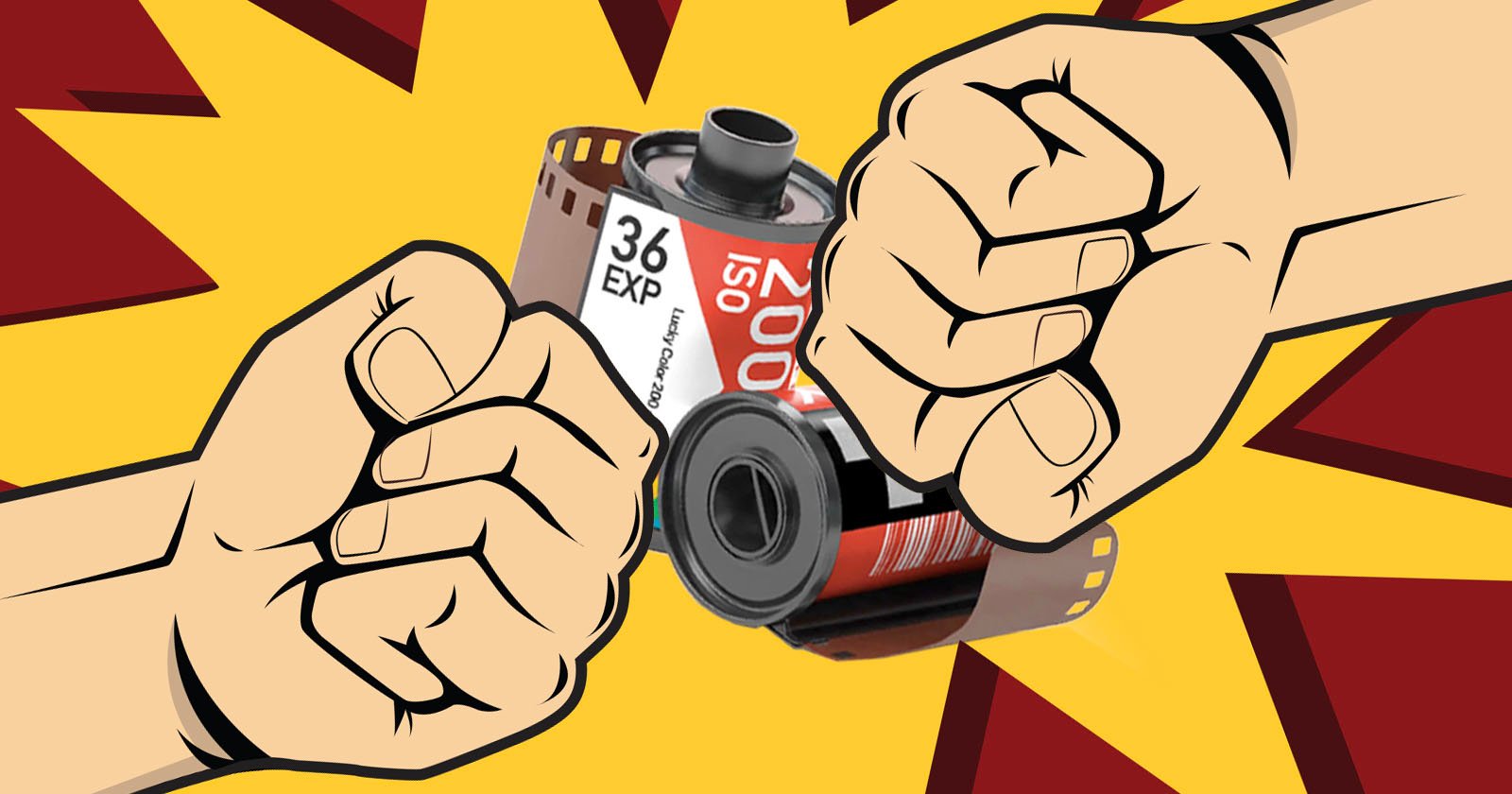 Two cartoon fists poised for a fist bump, with a film reel labeled 36 EXP and ISO 200 in the background. The design features a starburst pattern in yellow and red.