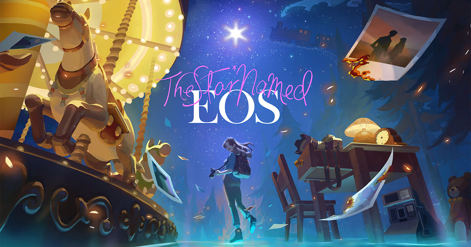A girl with purple hair stands beside a glowing carousel in a dreamy, surreal setting. Above her, The Star Named EOS is written in stylized text. The background includes floating papers, a desk, a clock, and a star-filled sky with a distant train.