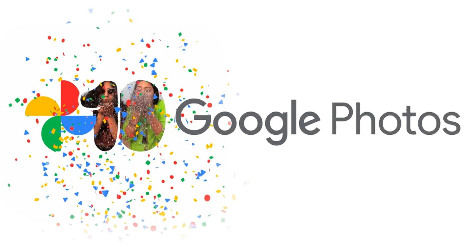 Google Photos logo with three people celebrating and blowing confetti, surrounded by colorful confetti shapes, next to the text Google Photos on a white background.