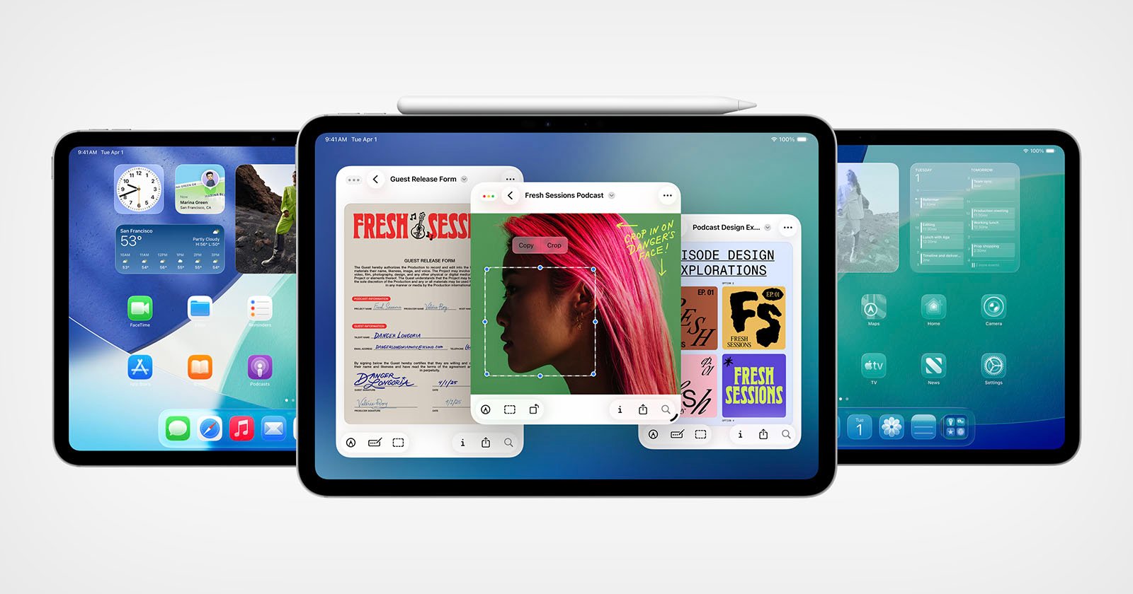 Three iPads are displayed side by side, each showing different apps: the home screen, a multitasking split view with documents and a photo, and a file management screen. An Apple Pencil rests on top of the center iPad.