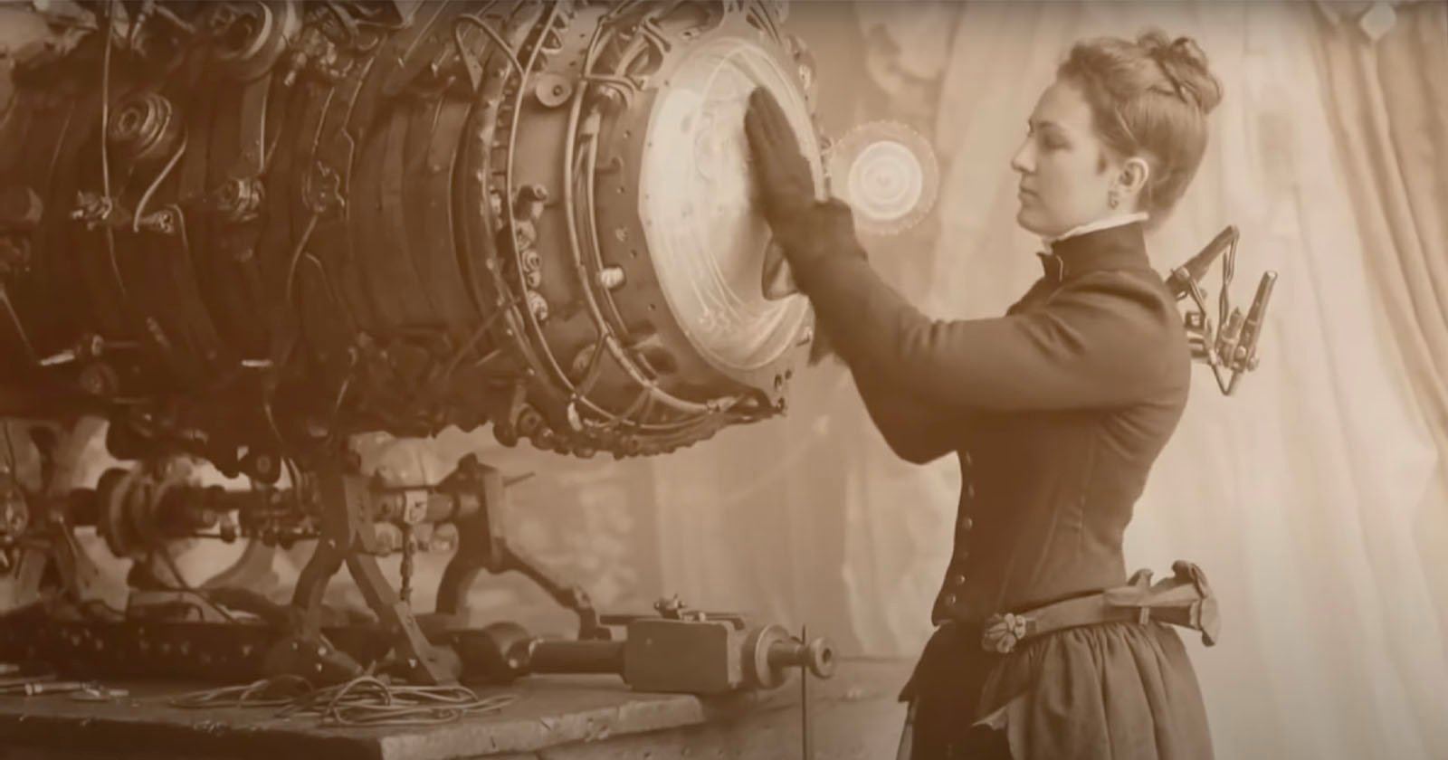 A woman in Victorian-era clothing operates a large, intricate steampunk machine with gears and wires on a table in front of her.