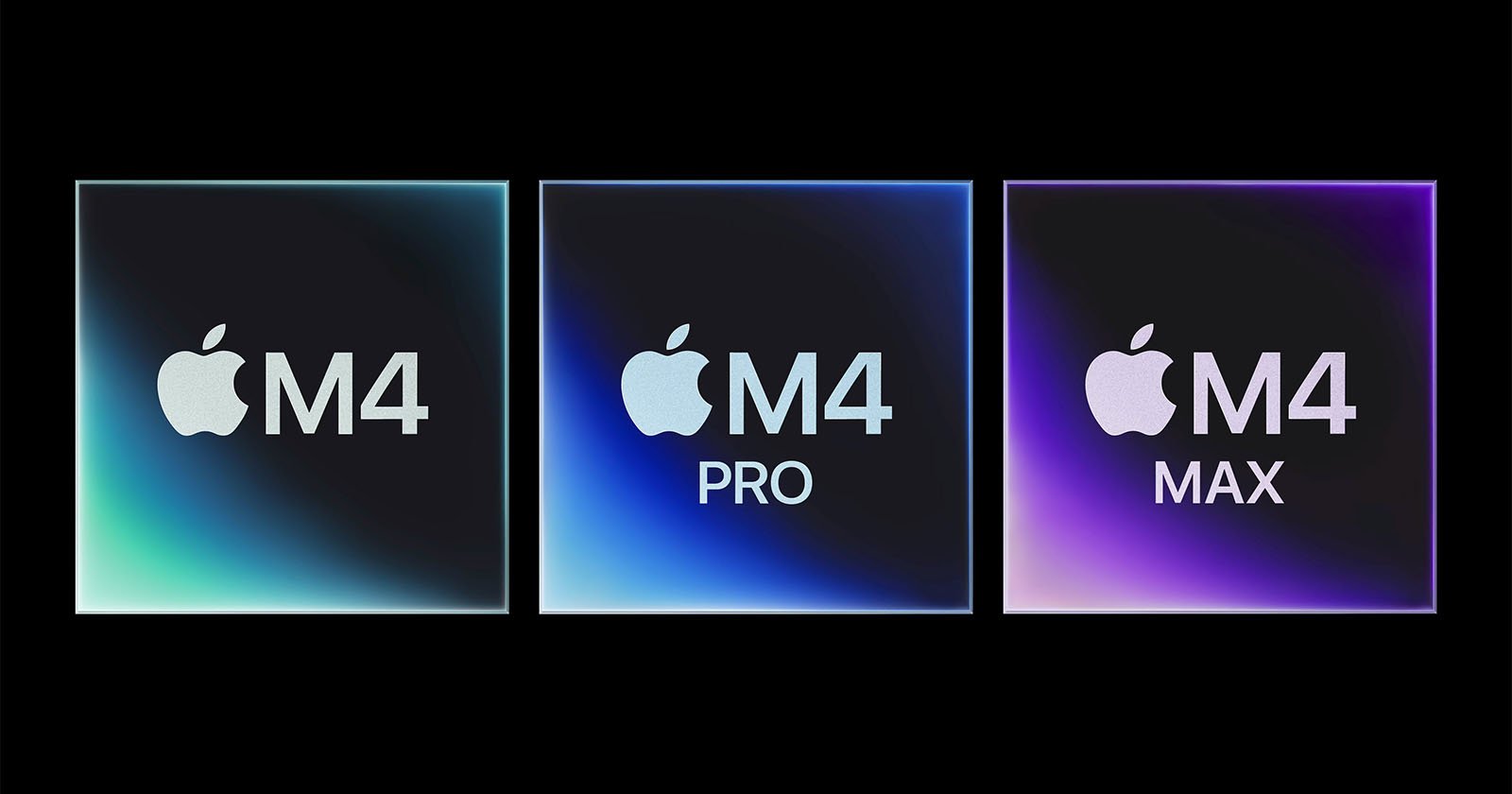 Image showing three square graphics on a black background. Each square displays an Apple logo followed by text: M4, M4 Pro, and M4 Max. The squares have a gradient effect with different colors for each.