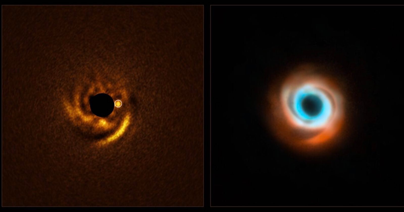 Side-by-side images of young planets forming in swirling disks of gas and dust. The left image shows a bright, orange ring with a dark center; the right image shows a blue and orange spiral pattern around a dark core.