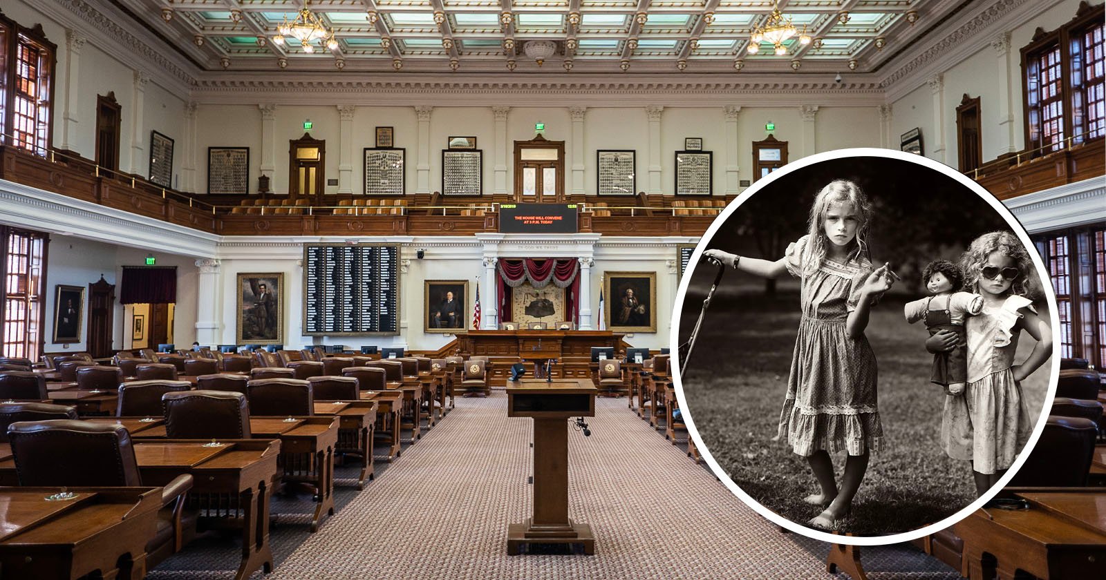 A large government chamber with rows of wooden desks and a podium. The inset shows a black-and-white photo of two young girls; one holds a doll, and the other wears sunglasses.