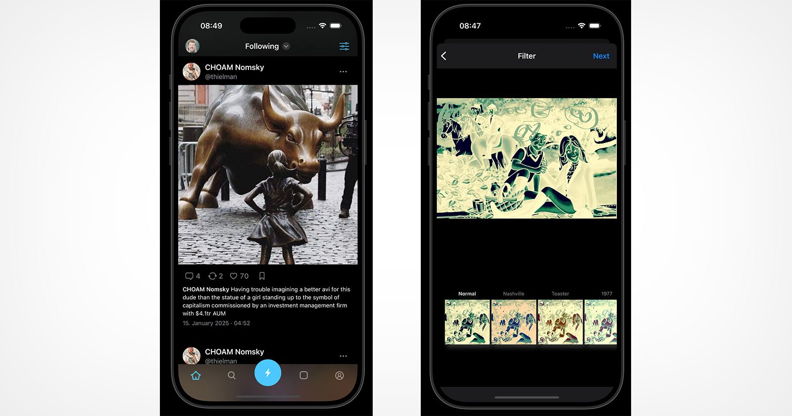 Two smartphone screens. Left screen shows social media app with a photo of a bull and girl statue. Right screen shows photo editing app with a negative filter preview of the same image. Both screens display time at 08:49 and 08:47.