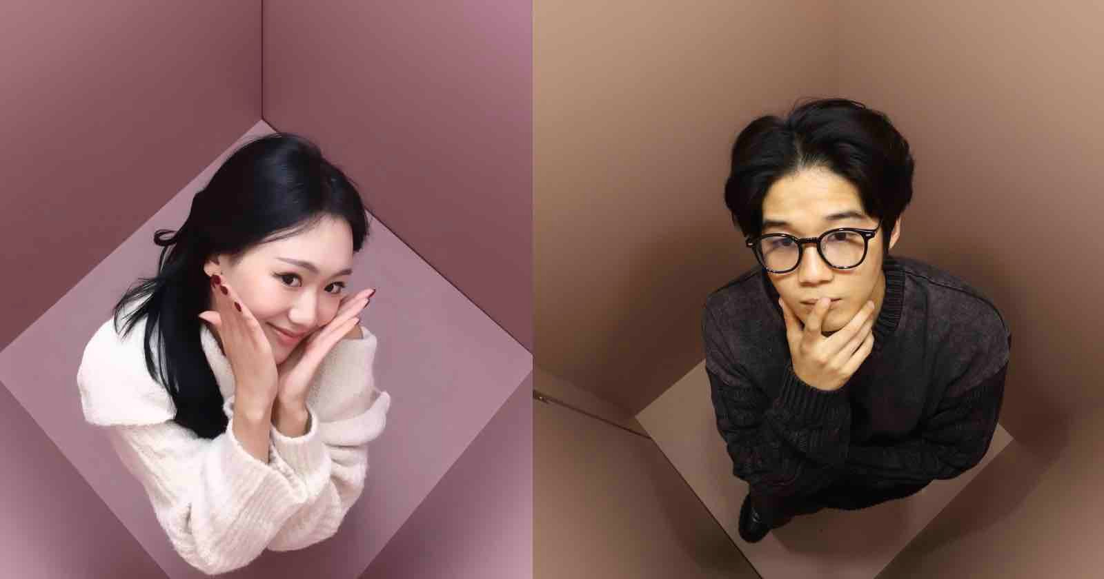Split image showing a woman in a white sweater smiling with her hands under her chin on the left, and a man in dark clothes and glasses thoughtfully resting his chin on his hand on the right, both in box-like rooms.
