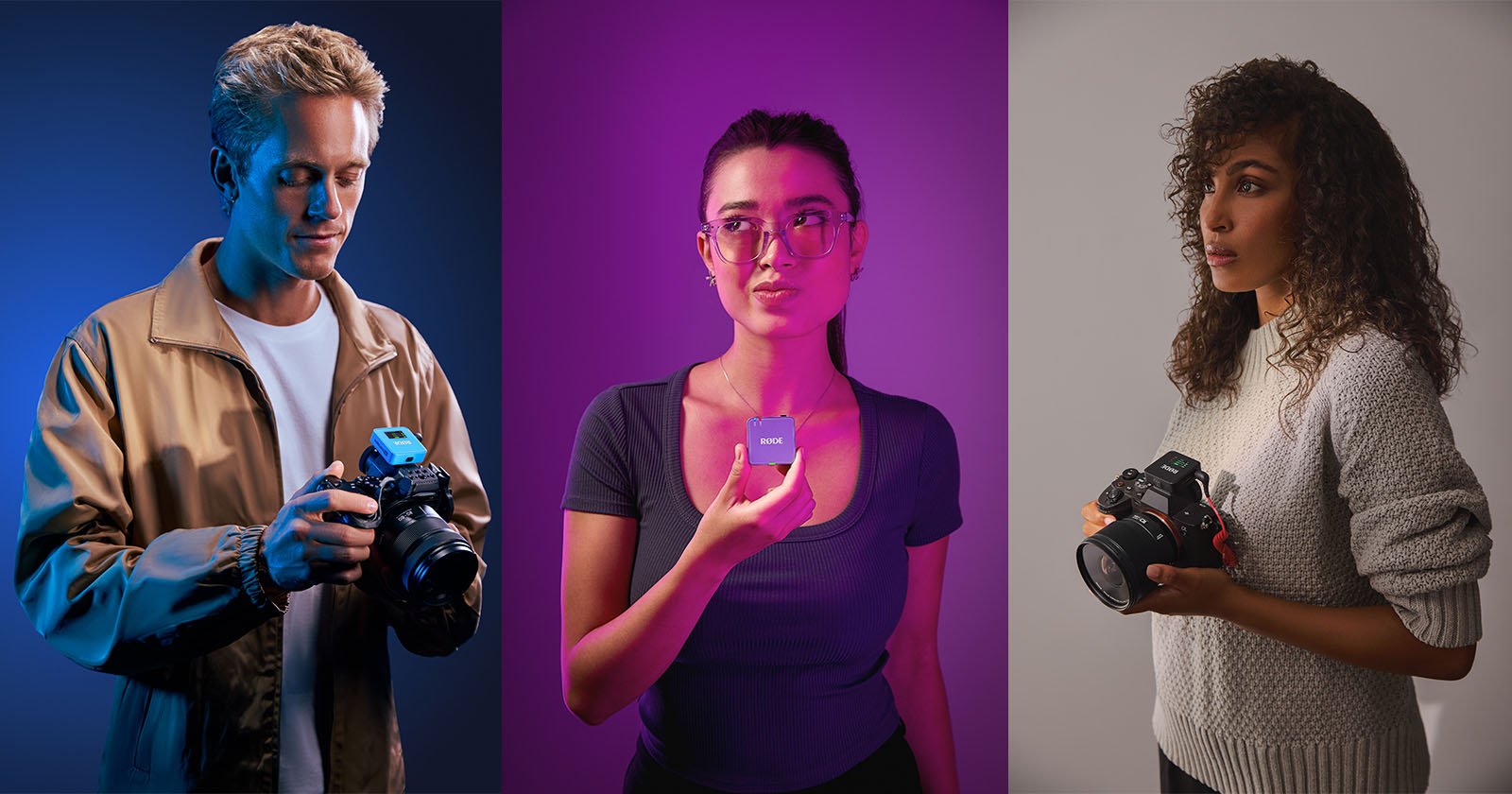 Three people in separate panels: A person on the left with a camera, a person in the middle holding a small device, and a person on the right with curly hair holding a camera. Backgrounds are colored blue, purple, and beige, respectively.
