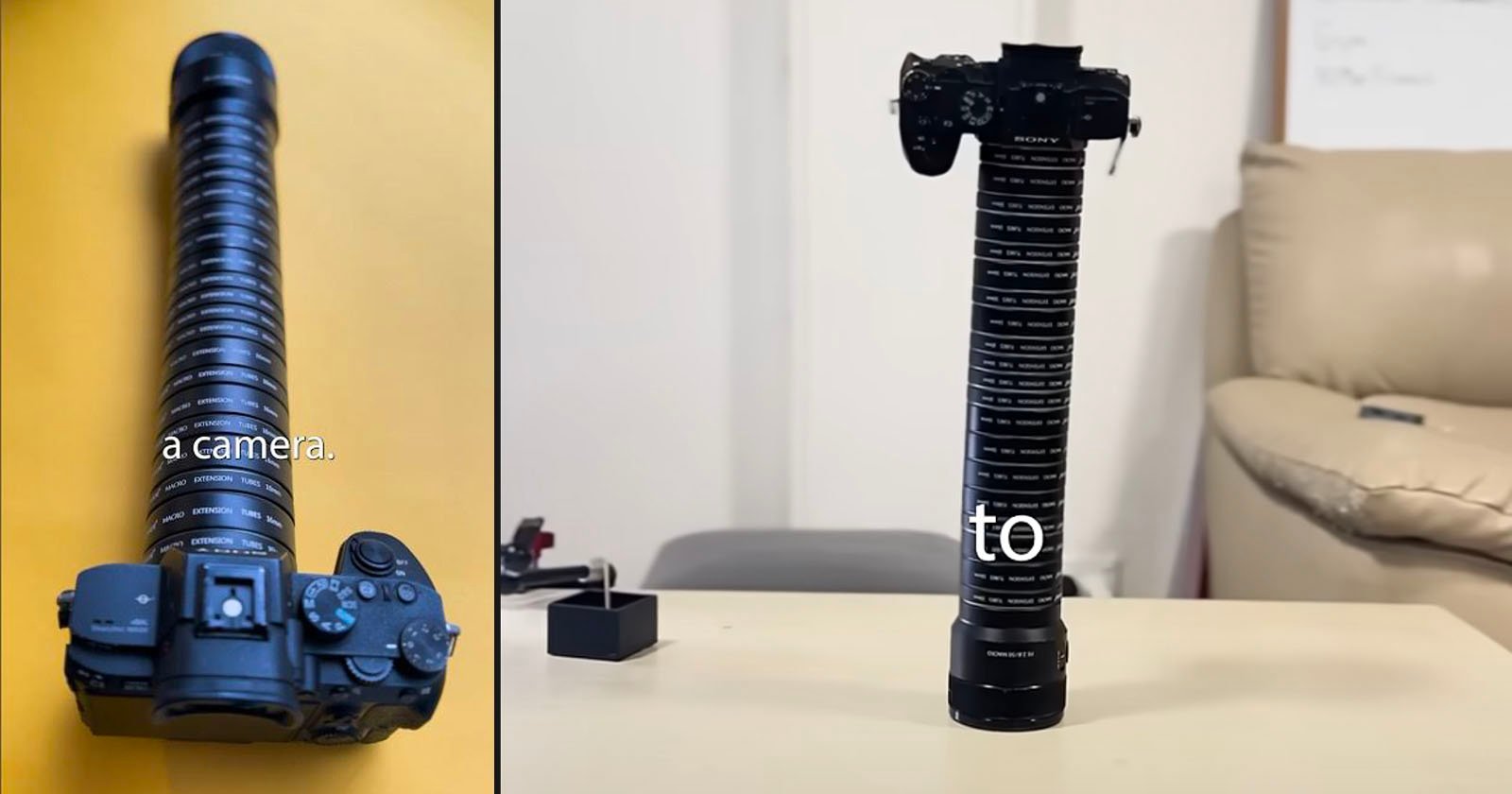A camera with an extremely long, stacked lens is shown from above on the left and standing upright on a table on the right. The words “a camera.” and “to” appear across the images.