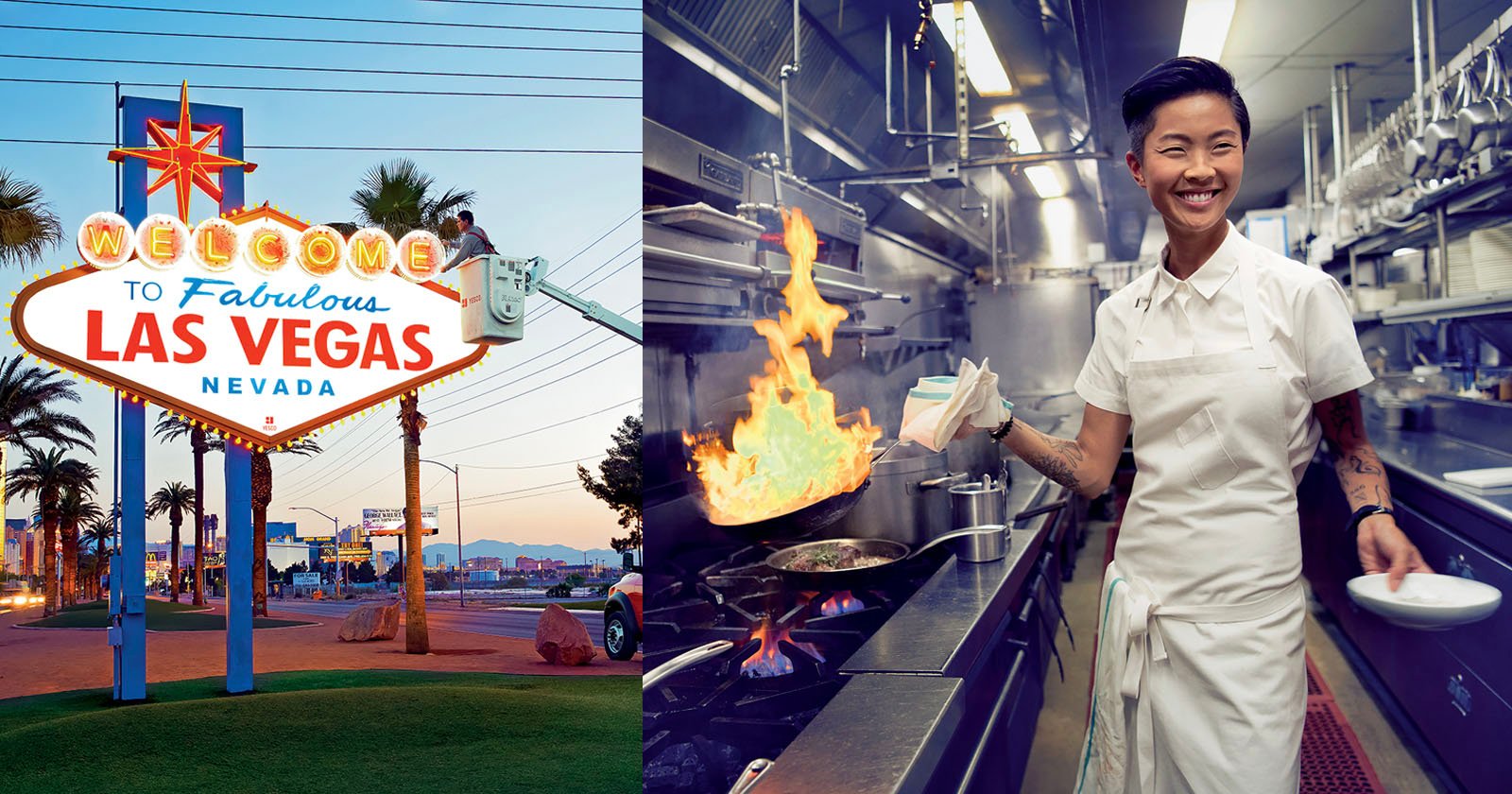 Split image: On the left, the iconic Welcome to Fabulous Las Vegas, Nevada sign; on the right, a chef smiling while flambéing food in a busy restaurant kitchen.