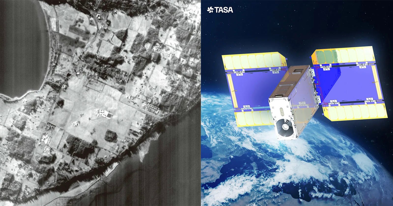 Split image: Left side shows a black-and-white satellite view of a coastal area with fields and buildings. Right side depicts a digital illustration of a colorful satellite orbiting Earth, labeled TASA.
