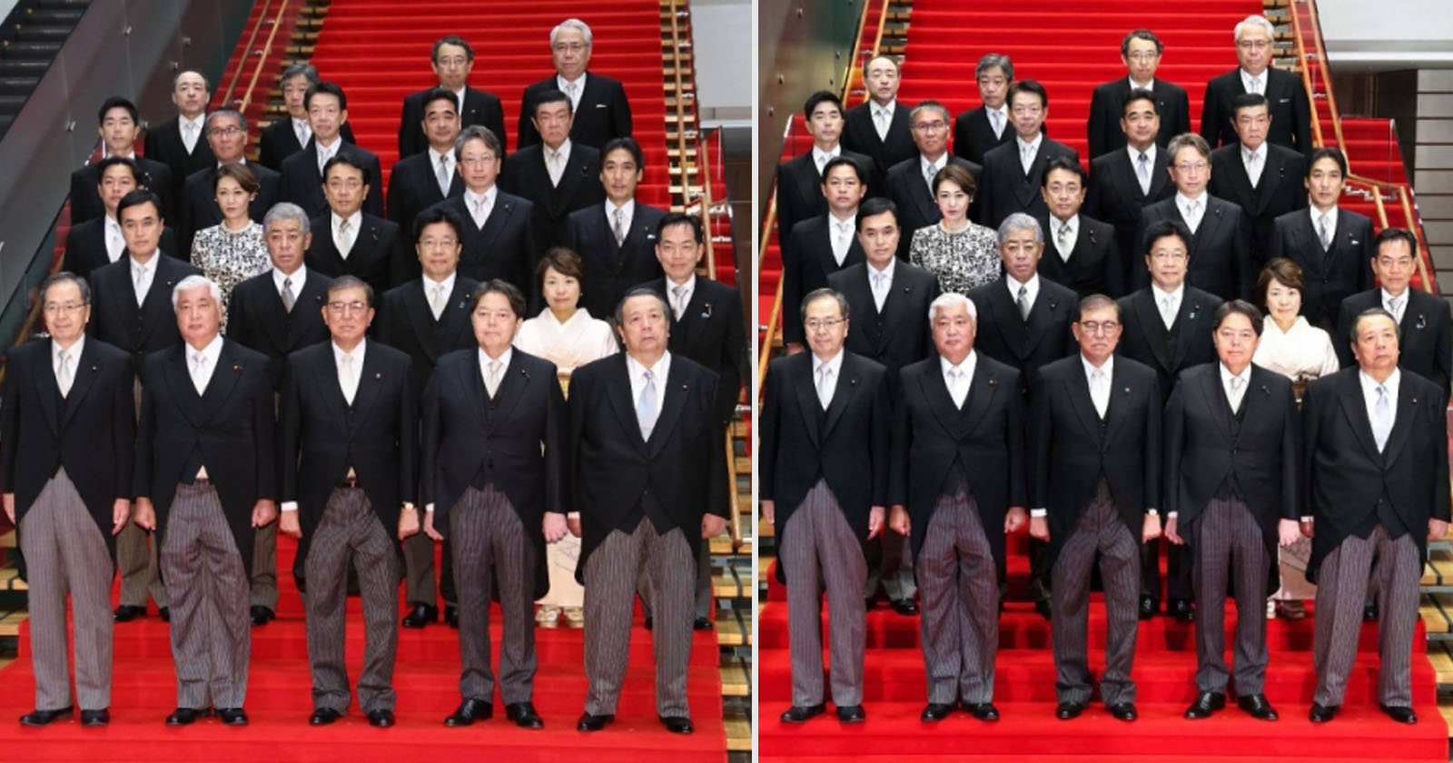 A group of formally dressed individuals stands on a red carpeted staircase in two similar group photos. Most are wearing dark suits, and a few are in white or light-colored attire. The background features more stairs leading upward.
