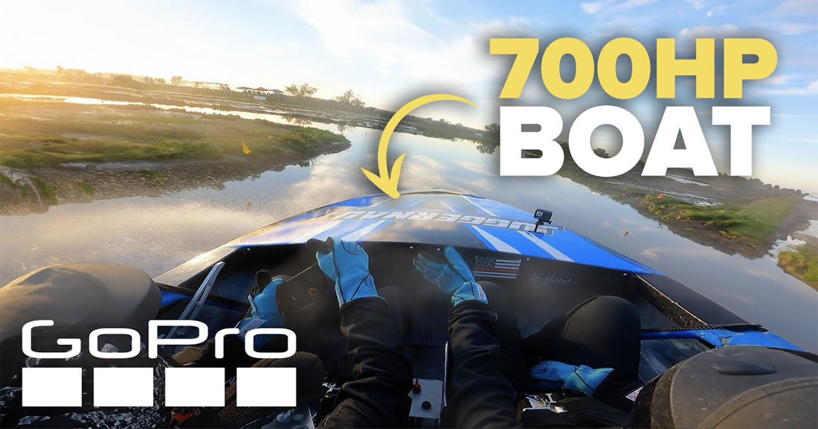 A thrilling scene captured from a GoPro shows a high-speed boat ride on a river. Two individuals are visible from behind, steering the boat. Text overlays indicate GoPro and 700HP BOAT. The background features a scenic sunlit landscape and reflective water.