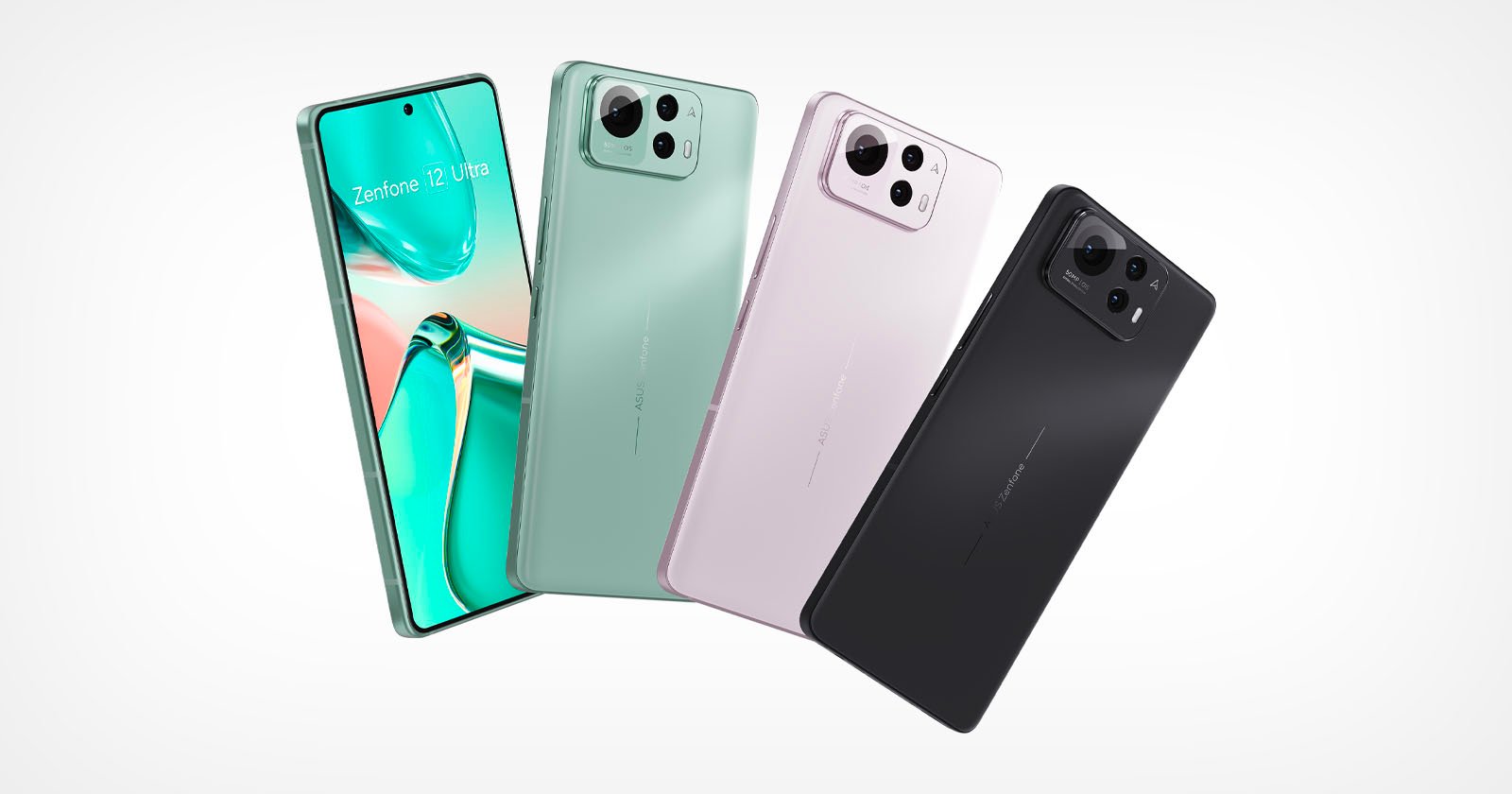 Four smartphones are displayed against a white background. From left to right: a phone with a visible screen displaying Zenfone 12 Ultra, and three phones showing their backs in green, pink, and black colors, each featuring dual cameras.