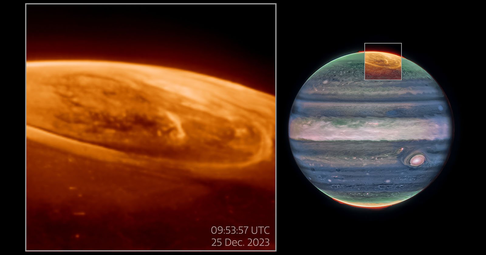 Two images of Jupiter: on the left, a close-up infrared view of a swirling storm; on the right, a full-color image of Jupiter with the storm area highlighted. Timestamp: 09:53:57 UTC, 25 Dec. 2023.