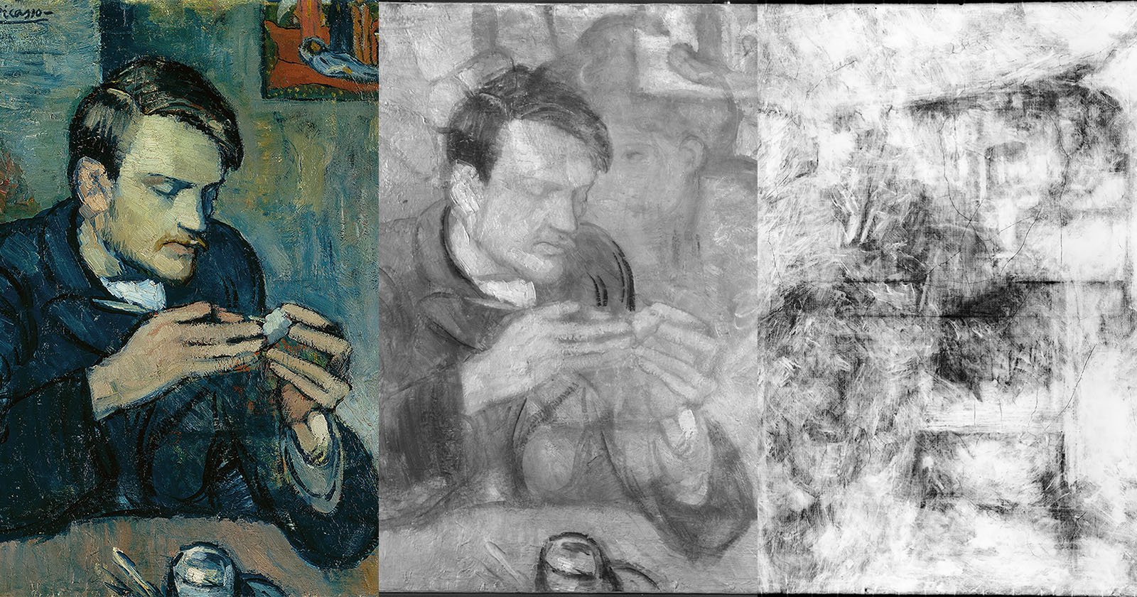 A triptych showing Picasso's Le Gourmet. The first is in full color, showing a man looking at food. The middle panel is a grayscale version with less detail. The last has layers stripped away, revealing a ghostly, abstract appearance.